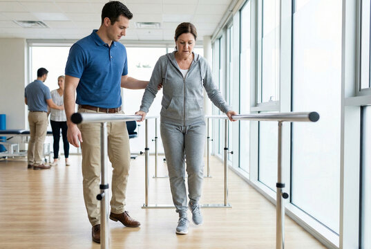 rehabilitation scene with parallel bars and a therapist guiding gait training