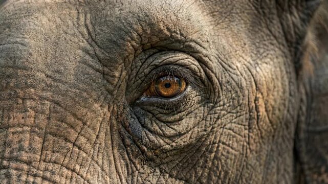 Close-up of elephant eye blinking in sequence. Detailed view of majestic animal gaze showing emotion and texture. Wildlife nature footage capturing african elephant features for documentary and