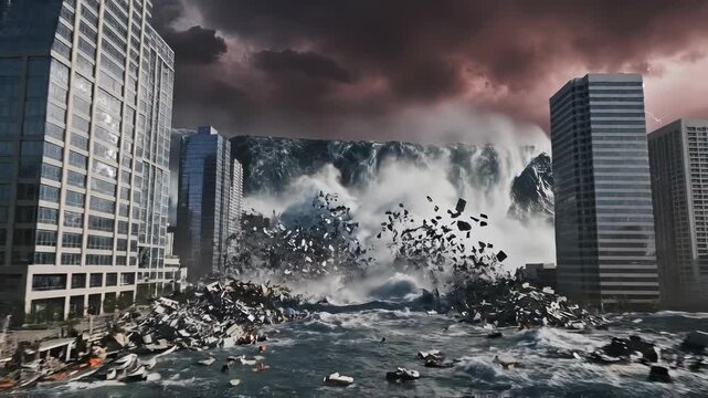 massive tsunami wave crashes into city, causing destruction and chaos. Dark stormy skies loom over urban landscape. Nature's power challenges human resilience.