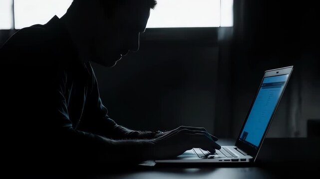 Person Working on Laptop in Dark Room.