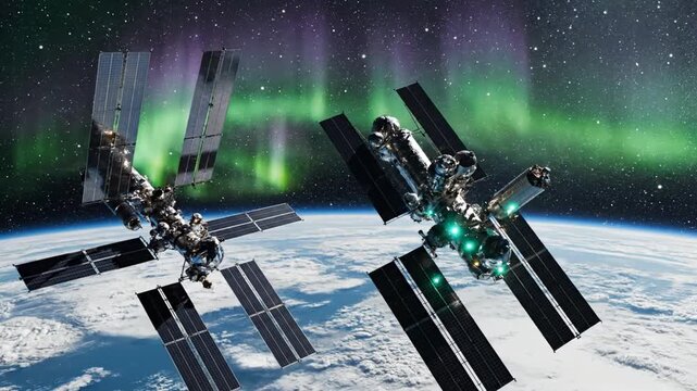 Two space stations orbit Earth under an aurora borealis sky