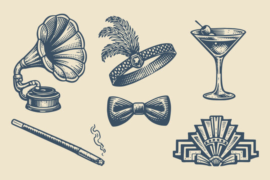 Art deco 1920s party elements vintage engraving vector illustration