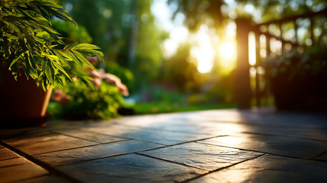 Low angle perspective of stone patio with blurred background of lush greenery hint of sunlight illuminating textured surface backyard flooring outdoor living space heavily