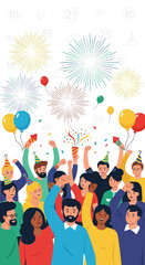 Fototapeta premium Festive Crowd Cheers Under Fireworks And Balloons Celebrating Joyful Moments