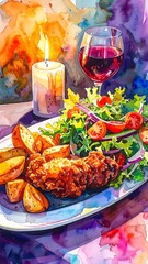 Watercolor painting of a meal with potatoes, chicken, salad, red wine and a candle on a colorful background