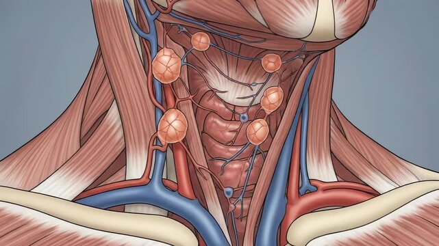 Human neck anatomy, detailed medical illustration, highlighting enlarged lymph nodes, indicating infection, inflammation, or lymphatic system pathology