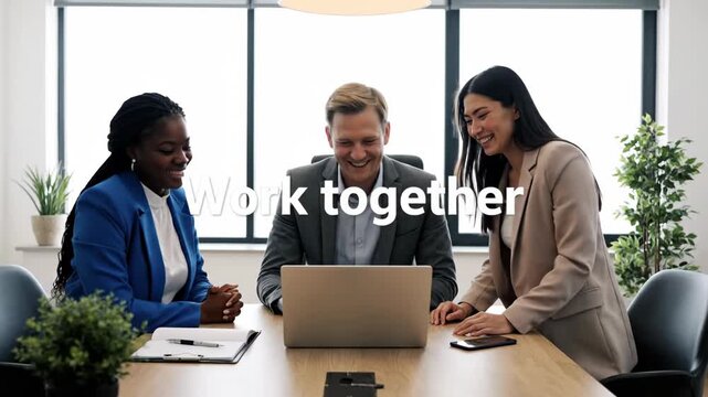 Multiethnic business team collaborating in a modern office. Diverse professionals, black and asian women and a caucasian man, using a laptop. Corporate teamwork banner
