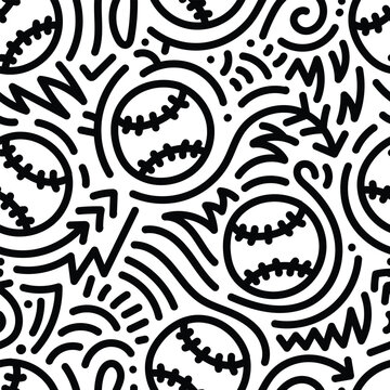 Seamless baseball or softball pattern with hand drawn doodles in black on white background. Sporty repeat design for fabric, packaging, and team merchandise.