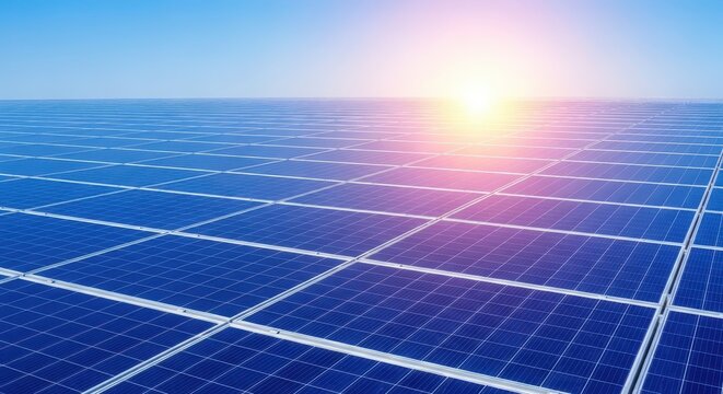 Large array of blue solar panels converting intense sunlight into clean, renewable electric power on a sunny afternoon, intense, solar, future