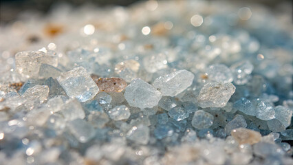 Small clear crystals are scattered across a flat surface. The light shines on the crystals, creating reflections. Some crystals are larger while others are small