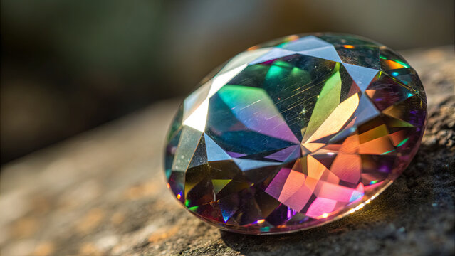 A large, colorful gemstone sits on a rock. Sunlight shines on it, revealing its many colors and facets. The setting is outdoors, surrounded by nature