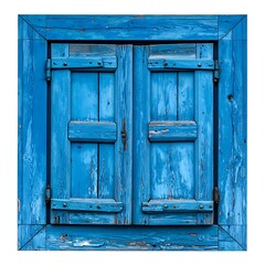 Weathered bright blue wooden window shutters with a frame, closed, against a plain white background