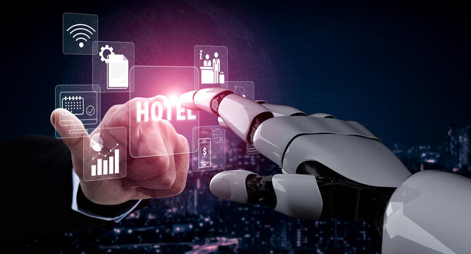 Futuristic Interaction Between Human Hand and Robotic Arm in a Digital Hotel Environment with Smart Technology Elements Quark.