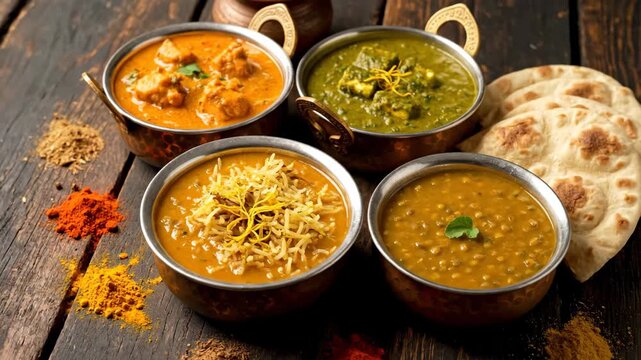 Assortment of traditional indian food dishes served in authentic bowls on a rustic wooden table. Featuring popular curries like chicken tikka masala, palak paneer, and dal with naan bread