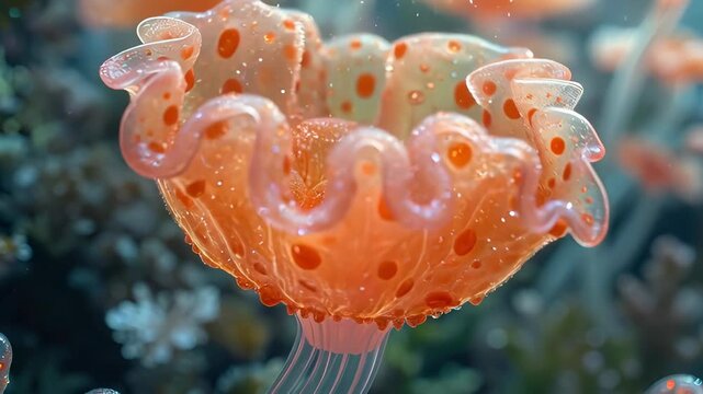 Exotic translucent underwater creature resembling a glowing orange flower, alien jellyfish swimming in deep ocean, futuristic marine life and bioluminescence concept animation