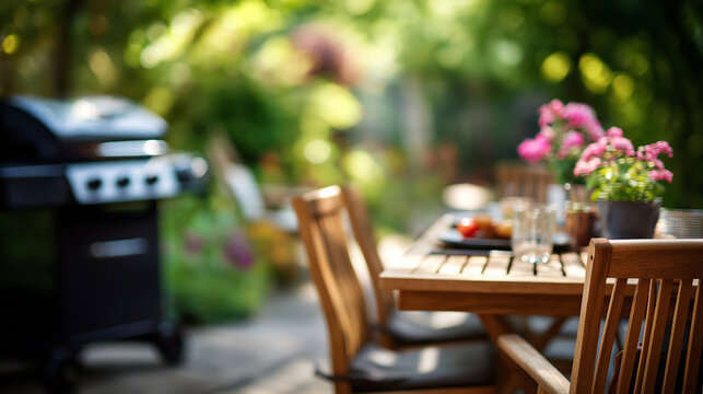 Summer time in backyard garden with BBQ grill and wooden table blurred background outdoor entertaining setup patio lifestyle cooking area warm season heavily defocused
