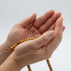Holding Buddhist Prayer Beads Isolate On White