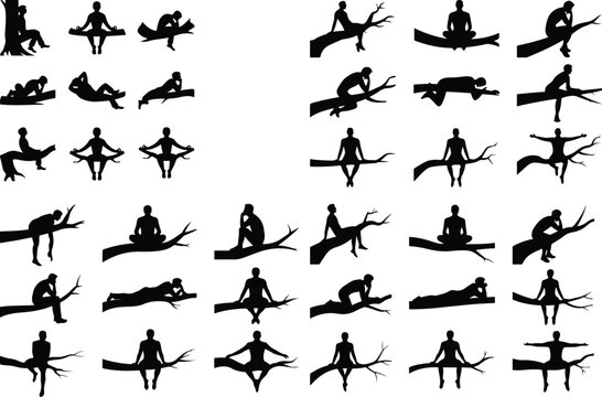 Man Sitting on Tree Silhouette Icon Vector Relaxing Man Tree Silhouette Icon Set