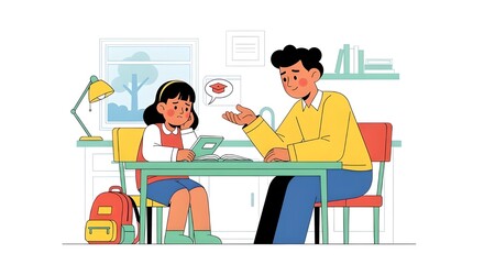 Fototapeta premium Dedicated parent provides academic support to his child, explaining difficult concepts during an afternoon study session at home