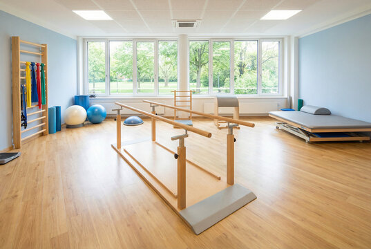 scene of a rehabilitation gym with parallel bars and assistive equipment