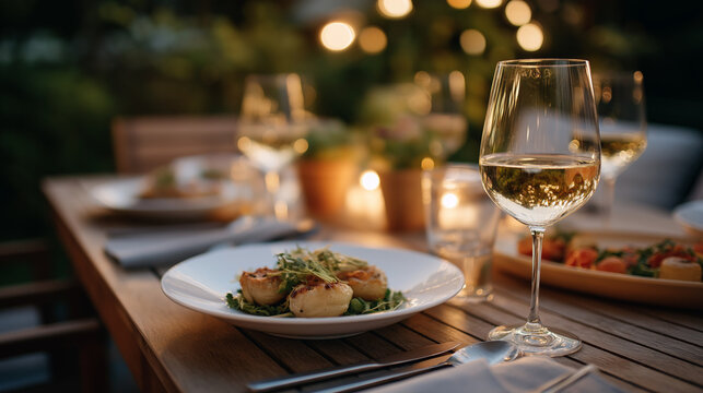 Dining table with dinner at patio in backyard evening meal setup outdoor entertaining family gathering garden dining natural twilight lighting food and place settings