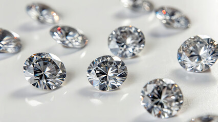 Round diamonds are scattered on a white surface. The light hits the diamonds, making them shine and create reflections. This setup shows different sizes and angles of the gems