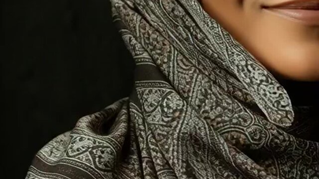Close-up portrait of a smiling woman wearing a patterned hijab, soft lighting, dark background.