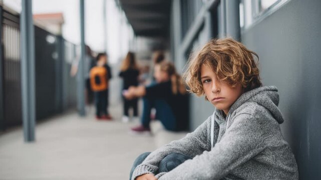 sad caucasian boy sitting against wall in crowded corridor while classmates walk past, backpacks, blurred figures, muted light, lockers, vulnerable posture,