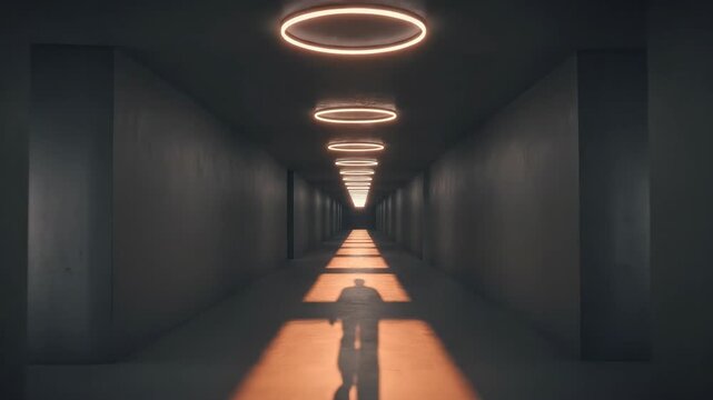 A lone figure walks down a dark futuristic corridor illuminated by glowing orange floor lights and circular ceiling fixtures creating a sense of mystery