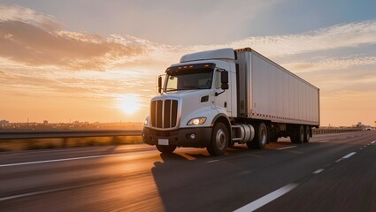 Obraz premium A tractor-trailer truck speeds along a highway as the golden sunset unfolds, symbolizing efficient freight transportation and commerce through dynamic logistics and transportation networks