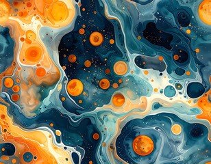 Vibrant fluid art with swirls of blue, white, and orange, speckled with dots of orange, evokes a celestial feel