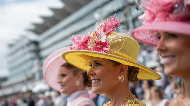 women in ornate hats at racecourse, smiling spectators in pastel millinery, closeup profiles of stylish guests with layered grandstand in background, festive