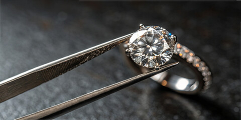 A person uses tweezers to hold a diamond ring. The ring has a shiny diamond in the center and a band with small stones. This scene takes place in a jewelry shop