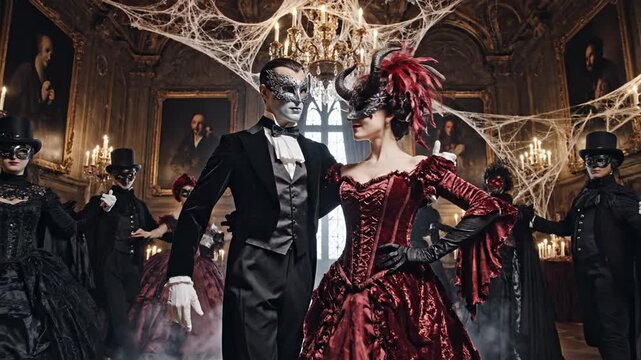 Elegant group at gothic masquerade ball in opulent room