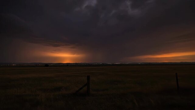 A powerful lightning strike illuminates the dark stormy sky over a vast flat landscape Electric energy crackles creating a dramatic natural spectacle