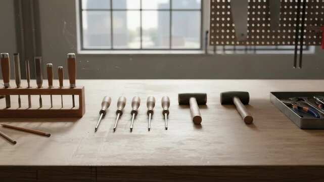 A workbench displays tools and materials for crafts or small scale manufacturing Various metal pieces and instruments are neatly arranged A large window provides natural light