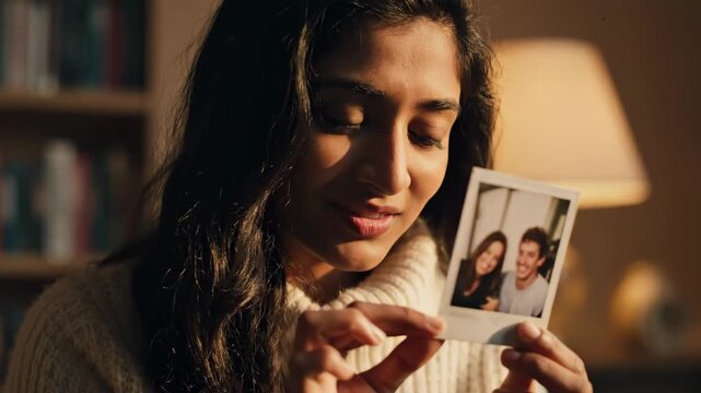 Young woman looking at a photo of a couple and holding it to her heart. Nostalgic female remembering a past relationship or missing a loved one at home. Love and memory concept.