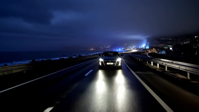 Car driving on a wet coastal road at night with city lights in the background. Vehicle traveling along the ocean during a storm. Cinematic night drive concept