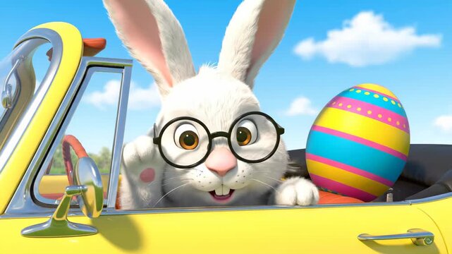 Funny easter bunny character wearing glasses drives a yellow convertible car on a sunny day. Delivering a large colorful decorated egg for the spring holiday celebration