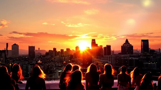 Silhouettes of a crowd of people watching a dramatic sunset over a city skyline from a rooftop. Group of friends enjoying a golden hour evening party. Urban lifestyle and celebration concept