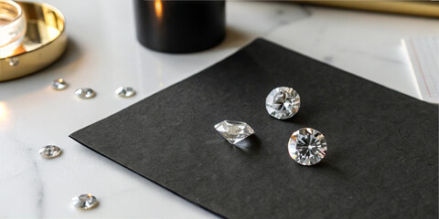 Three shiny gems rest on a black paper, showcasing their cut and clarity. Nearby are decorative elements like a candle and scattered sparkling stones on a light surface