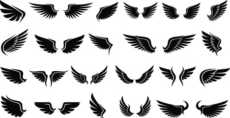 Black angel wings collection, flying bird wing silhouettes, tattoo style wing icons isolated on white background vector illustration set © Mst