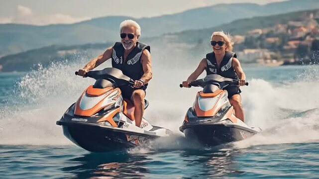 An elderly couple ride jet skis on the sea, an active retirement activity