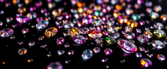 Gems of different sizes and colors cover a dark surface. The light reflects off their surfaces creating a sparkling effect. This scene captures a moment that shows the beauty of the gems
