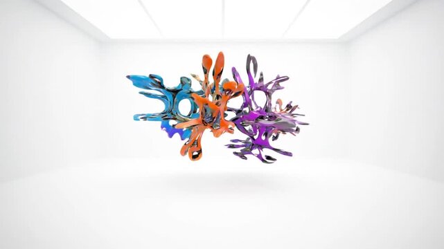 Abstract colorful organic shape floats suspended in a stark white minimalist gallery space creating artistic tension