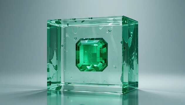 A green gem sits centered in a clear glass cube. The cube has some water droplets on its sides. Light shines on the scene, creating reflections and sparkles