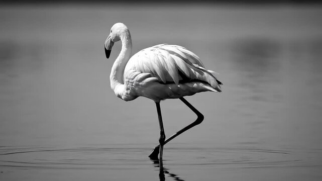 A graceful flamingo walks through calm water in a sequence of movements. Artistic black and white composition showing the elegance of wildlife in a panoramic banner format