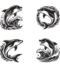 Obraz premium Set of Four Stylized Dolphin Illustrations in Black and White.