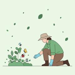 Gardener Observes Insects On A Plant