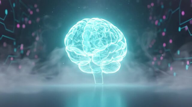 Futuristic digital brain illuminated in vibrant blue floats above a smoky surface with glowing particles creating a high tech environment